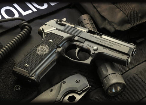 Police gun and equipment. Tactics training pistol concealed carry certified training